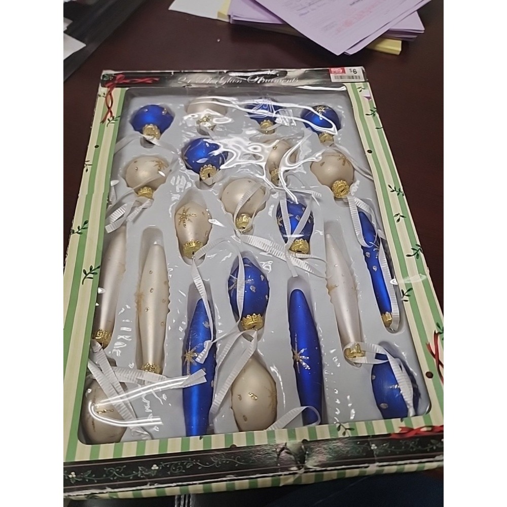 Vintage Big Lots Glass Blue‎ White Christmas Ornaments. Original Box. See Photos